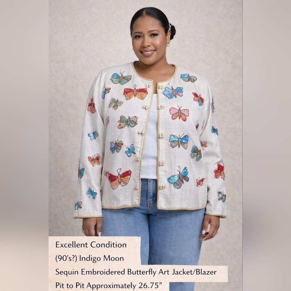 Indigo Moon Sequin Butterfly Art Jacket – 1X - Picture 5 of 12